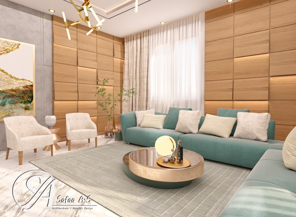 تصميم ديكور داخلي لجلسة عائلية مع المدخل وتصميم المصعد