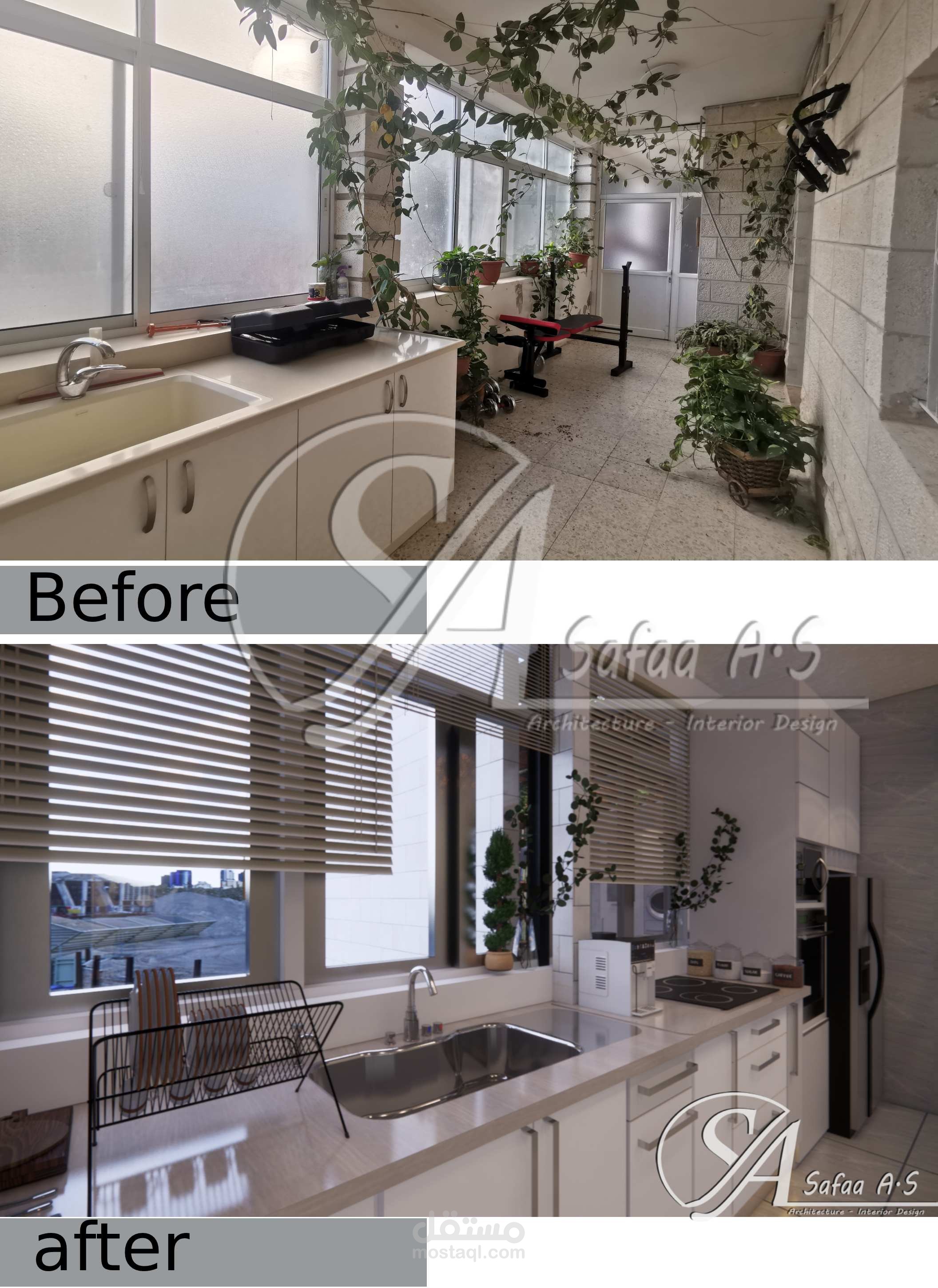 قبل وبعد تصميم مطبخ خطي مودرن (اعادة تصميم مطبخ )