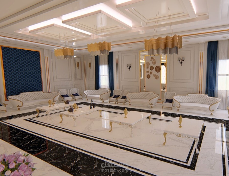 تصميم مجلس رجال ( استقبال ) بمساحة 12*6 في السعودية على الطراز النيوكلاسيك