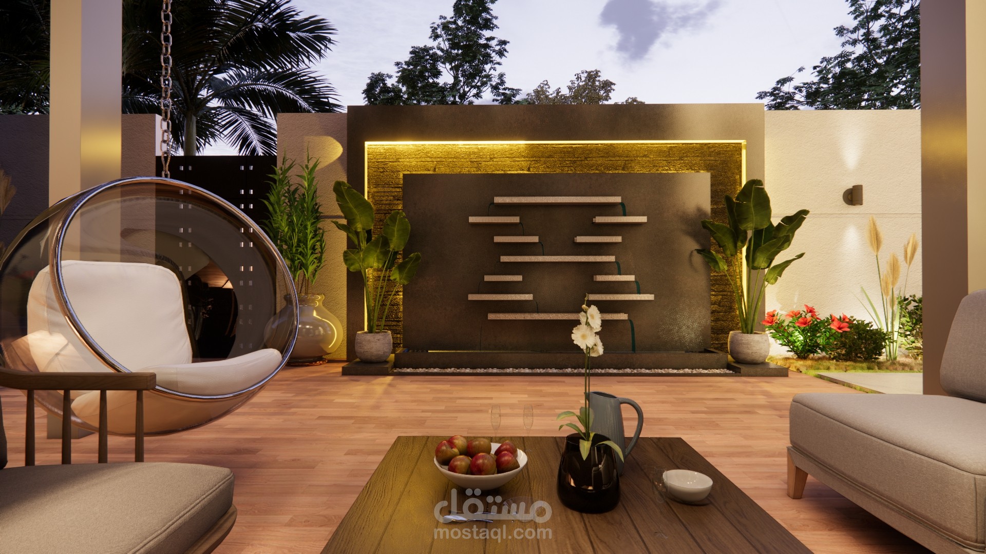 فيديو  لتصميم حديقة فيلا بالسعودية مع نافورة