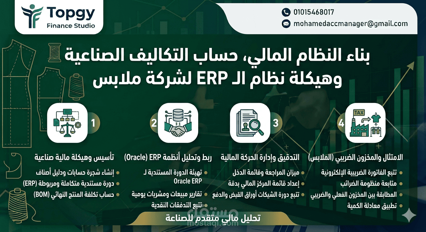 إعداد النظام المالي وهيكلة تكاليف التصنيع وربط نظام ERP لشركة ملابس جاهزة