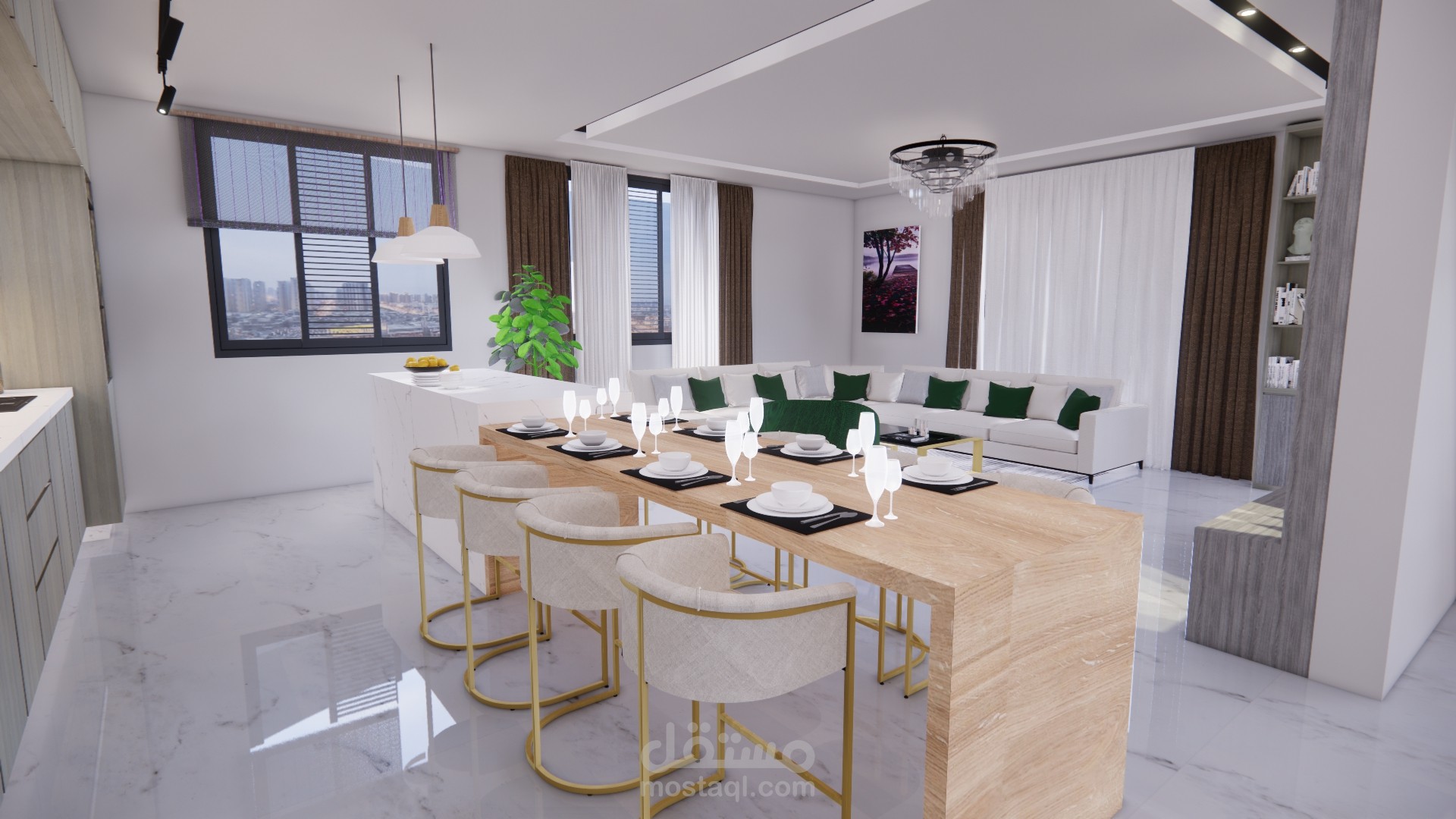 تصميم مودرن لمطبخ مفتوح على صالة معيشة