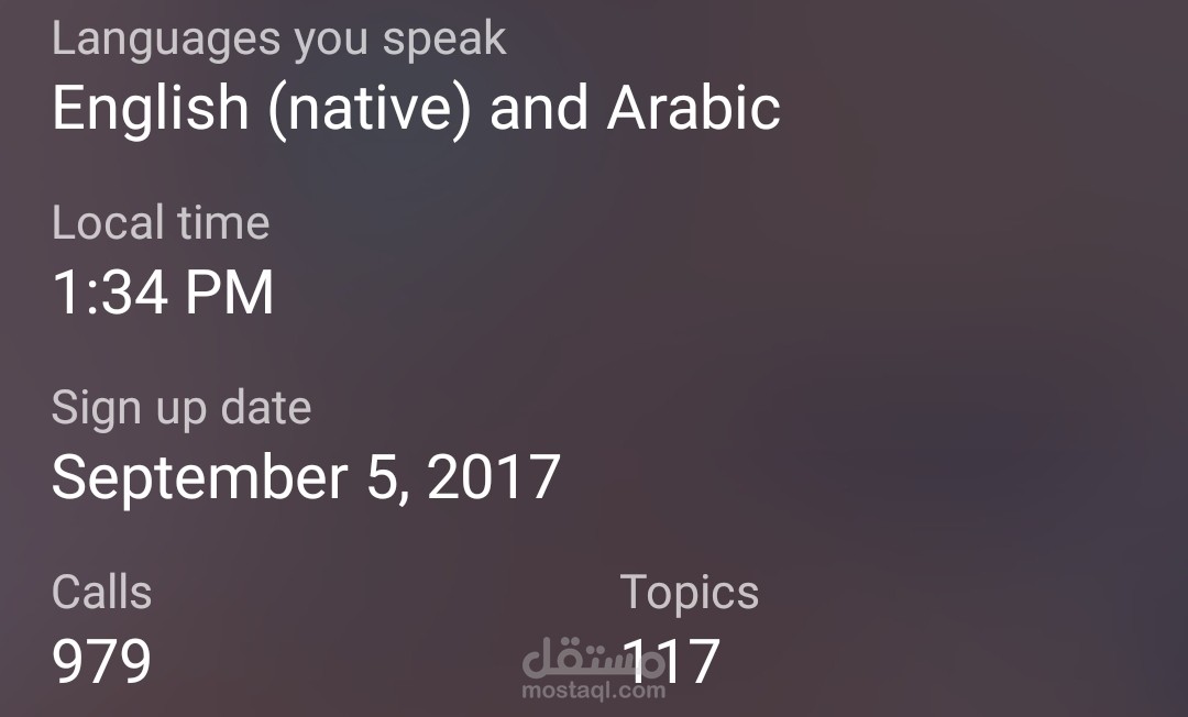 التحدث اونلاين باللغة الإنجليزية لما يقارب ٥٠٠ ساعة في خلال الخمس سنوات الماضية.