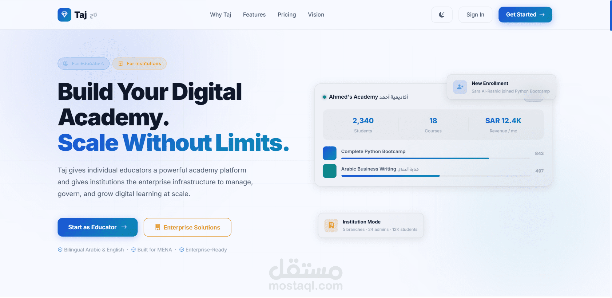 منصة تاج  التعليمية لخدمة أصحاب الأكاديميات والكورسات