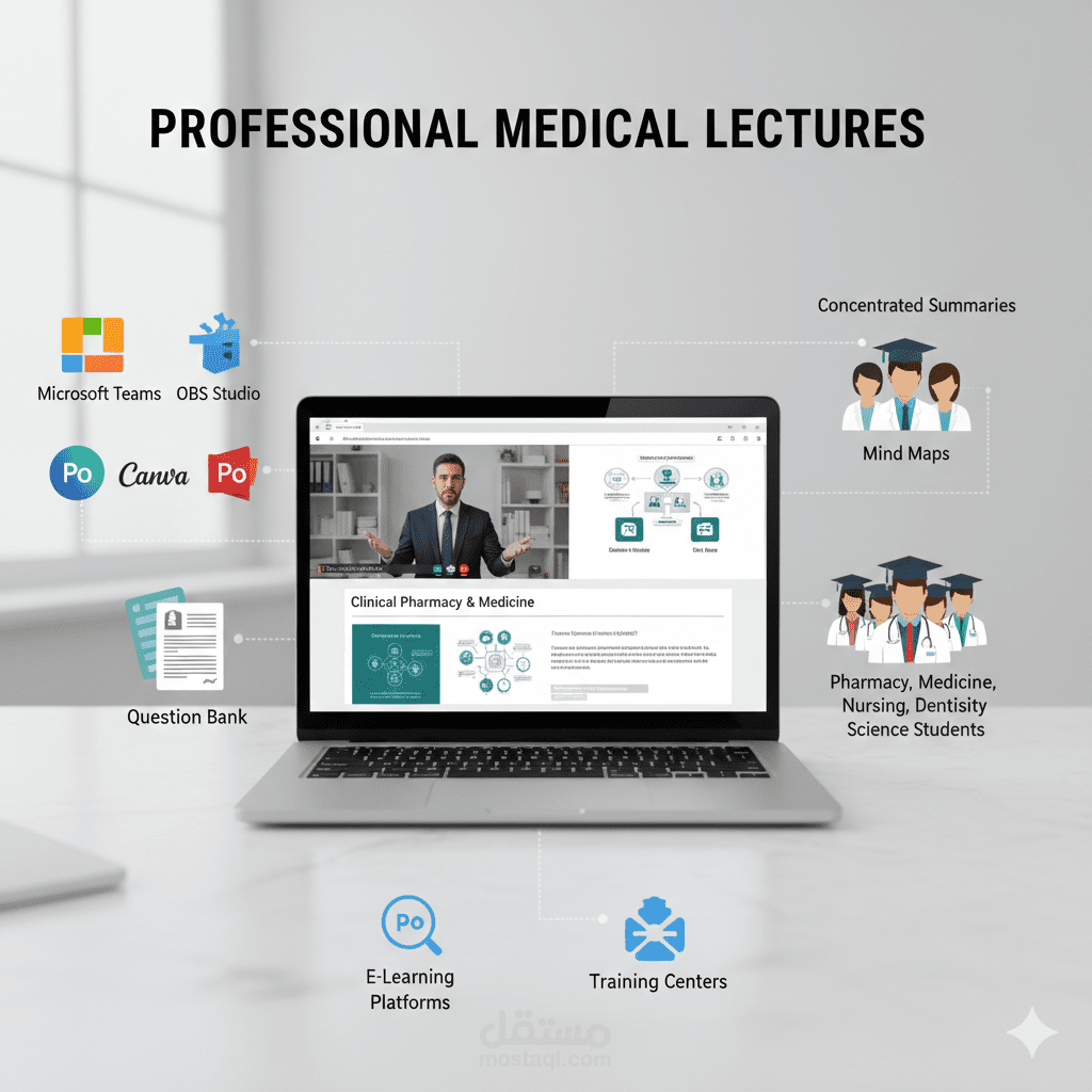 محاضرات أونلاين في الصيدلة الإكلينيكية ومواد طب وإعداد مواد تعليمية تفاعلية
