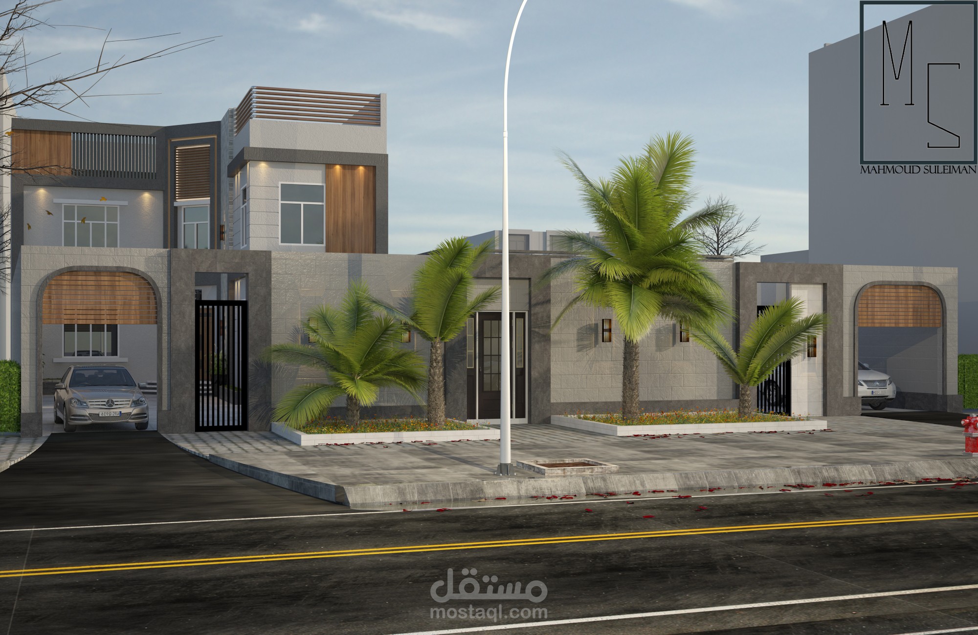 تصميم واجهة وسور فيلا وتنسيق الحديقة