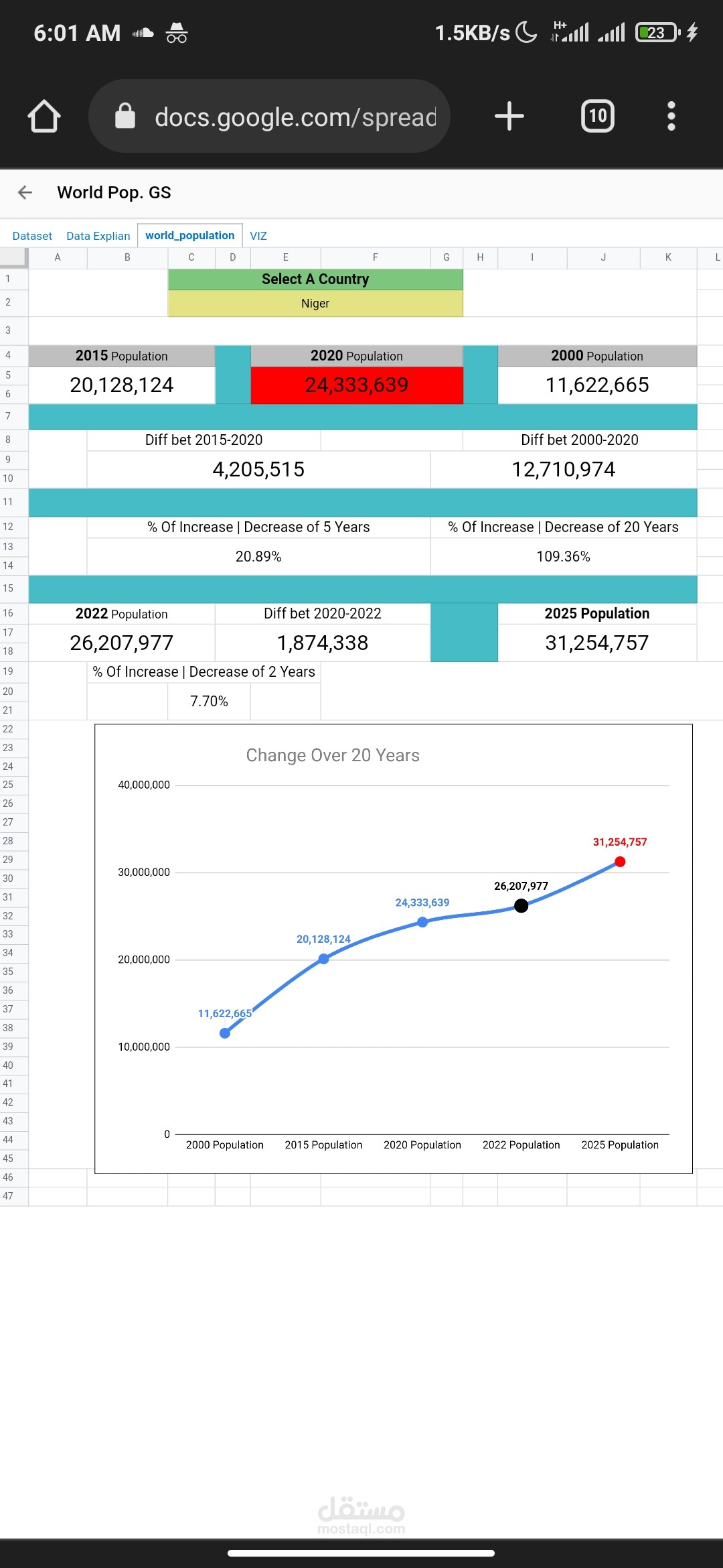 World Population Excel - التعداد الساكني العالمي أكسل