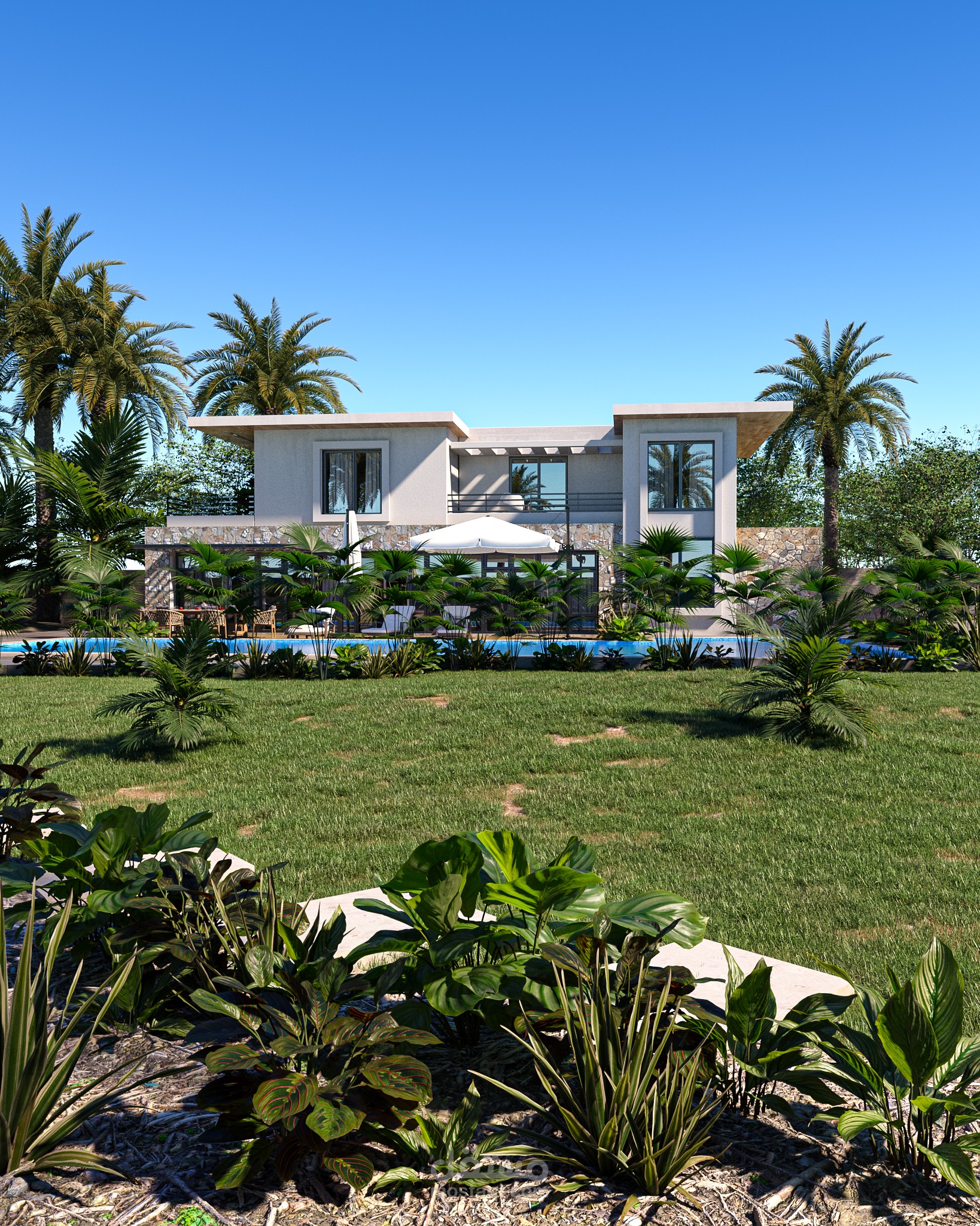 واجهة فيلا شاليه بلاندسكيب لحديقة خاصة