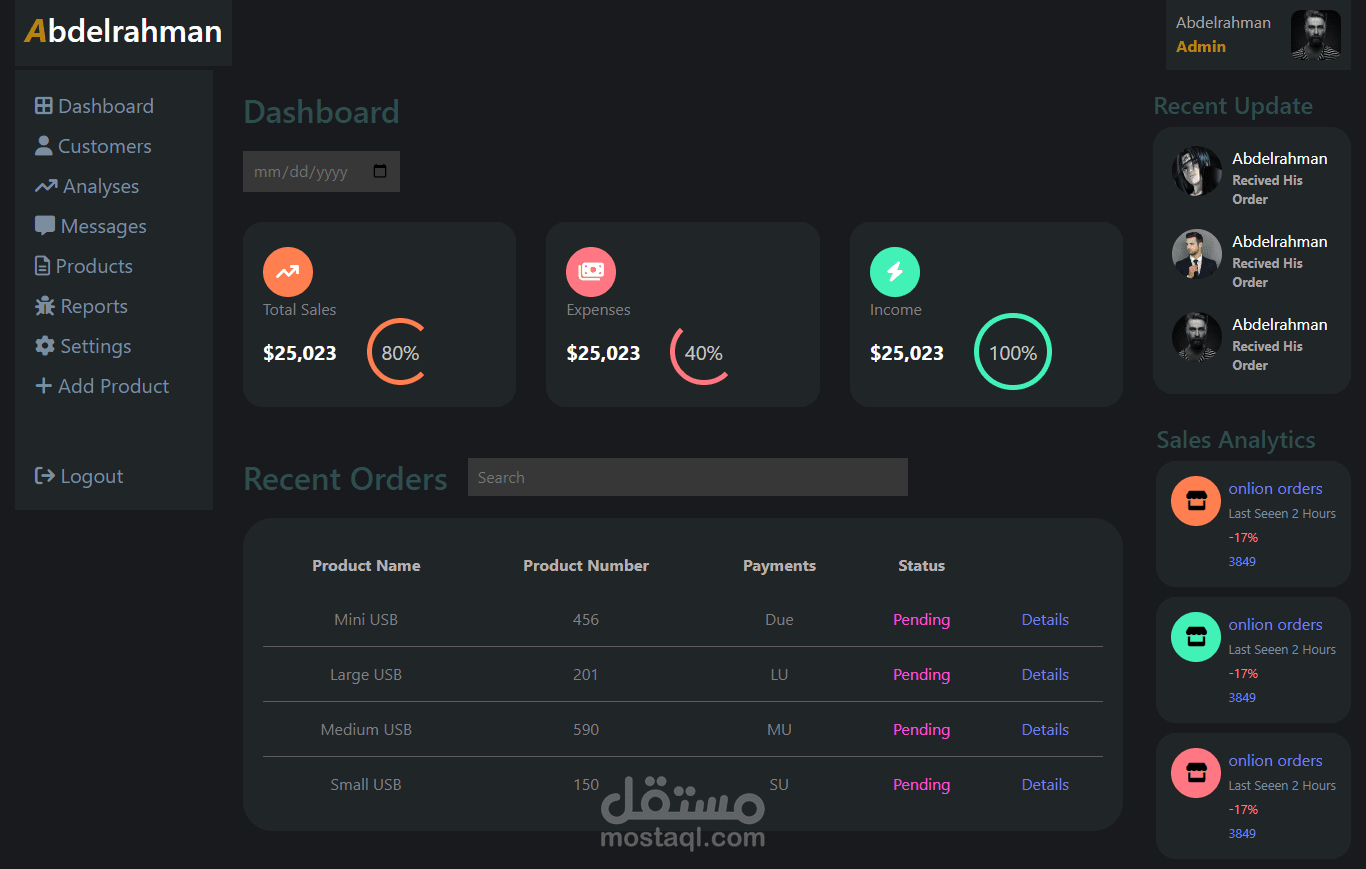 تصميم للوحة تحكم ( Dashboard )