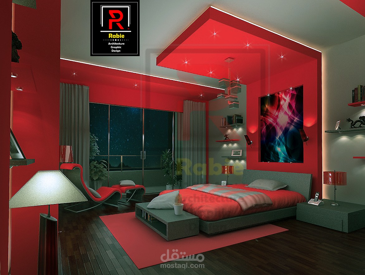 Modern bedroom with brown and red colour