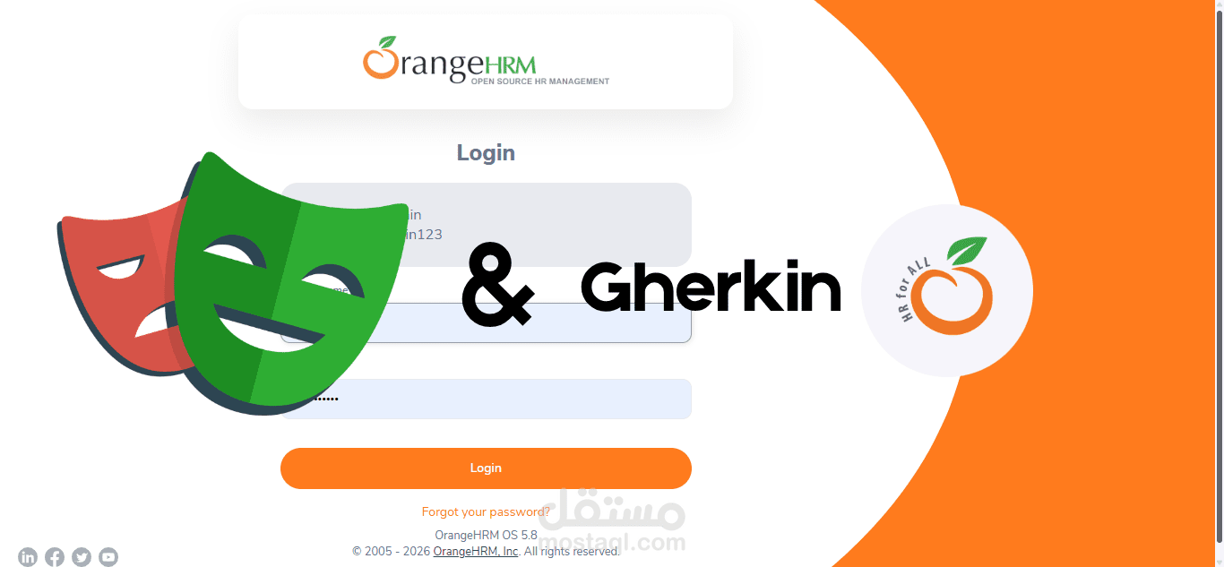 إختبار موقع تجارة إلكتروني تجريبي [OrangeHRM Demo] بشكل جماعي وبإشراف تيم ليدر بإستخدام تقنية gherkin للاختبار اليدوي وإطار عمل cypress للإختبار المؤتمت