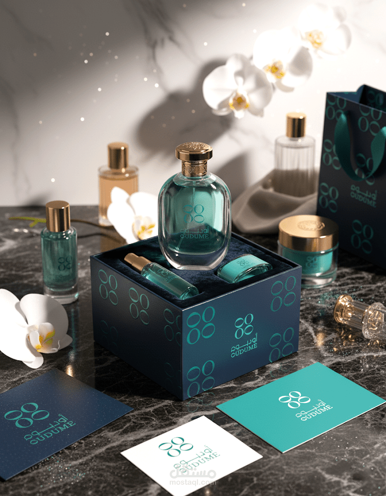 بناء الهوية البصرية الفاخرة وتصميم تغليف عطور (Niche Perfumes) لبراند "أوديوم"