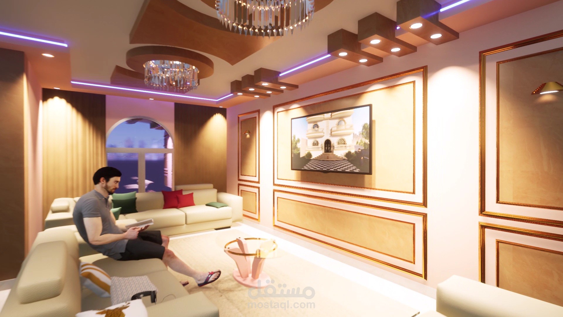 تصميم داخلي لغرفة استقبال تشطيب متوسط التكلفه