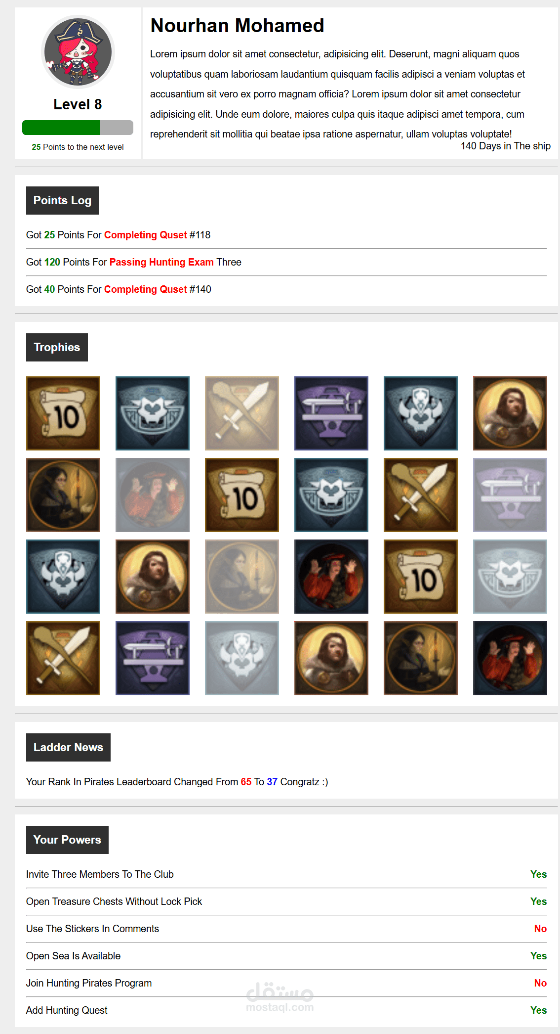 Gaming Profile Sections