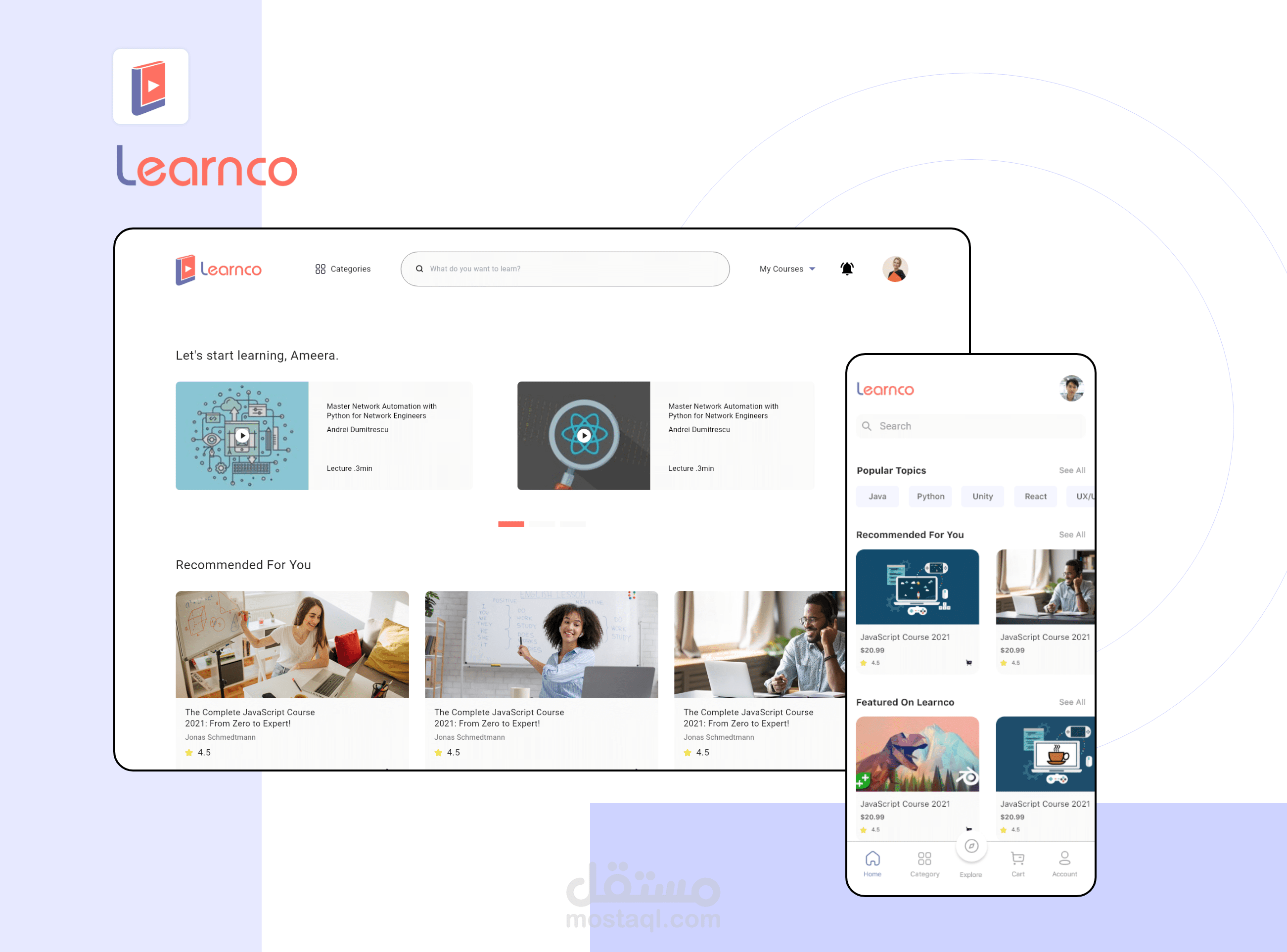 تصميم موقع وتطبيق تعليمي UX UI و عمل دراسة كاملة لألية العمل و التصميم- Learnco
