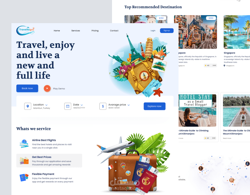 تصميم صفحة هبوط ويب واجهة لموقع حجوزات السفر باستخدام Travellgo - Figma