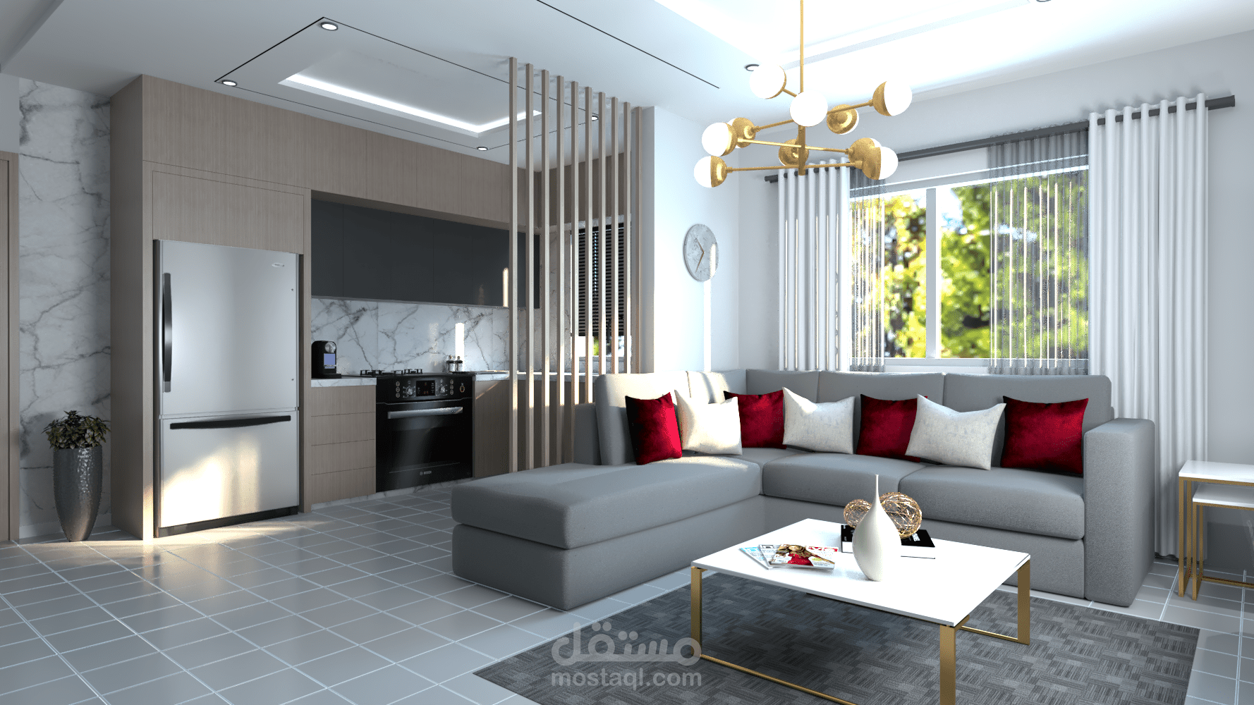 تصميم صالون ومطبخ مودرن