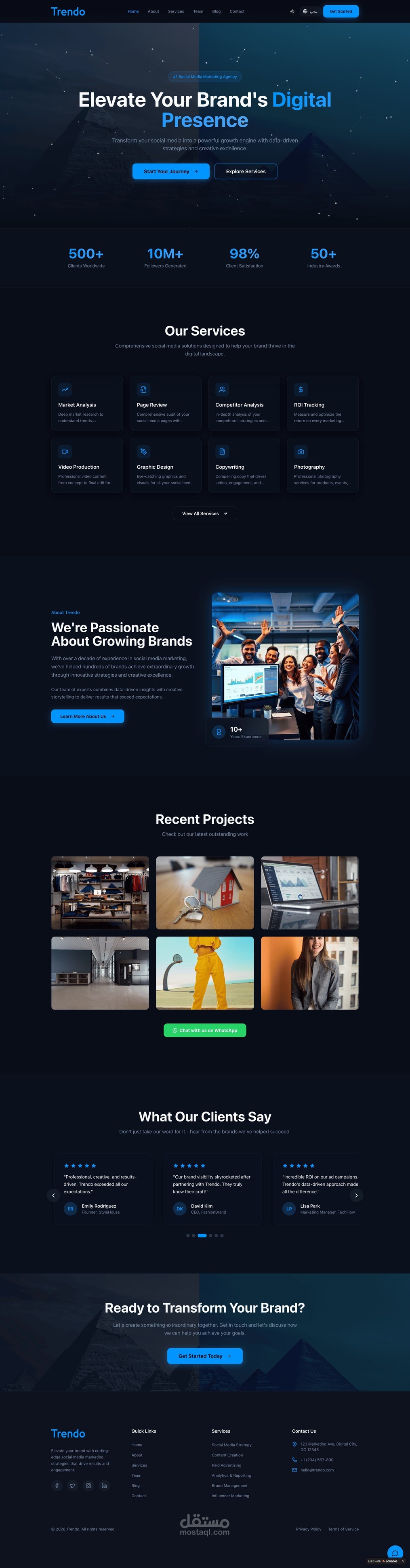 تطوير موقع وكالة تسويق رقمي متكامل (Frontend + Backend)