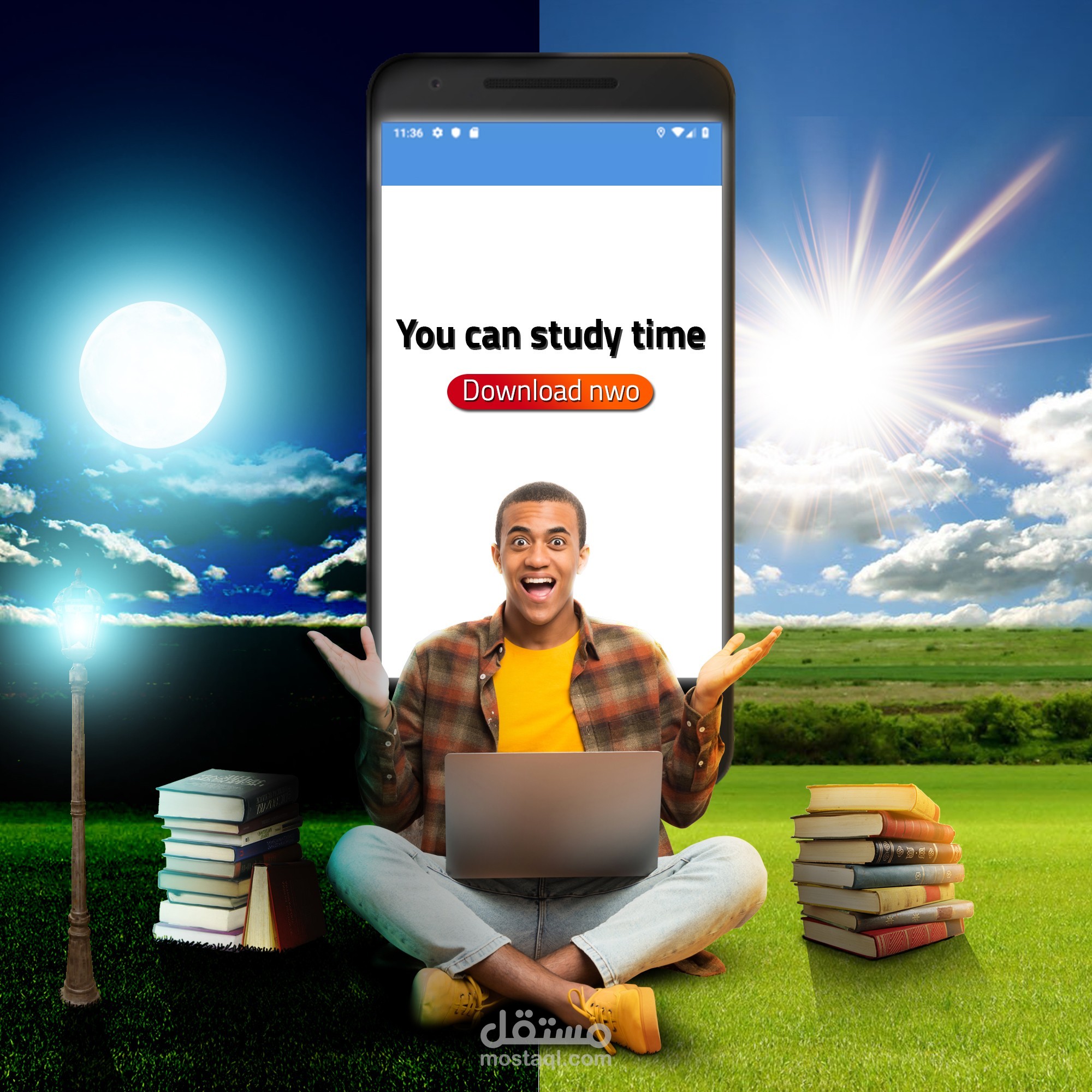 تصميم اعلان لتطبيق موبايل يساعد علي المذاكرة صباحا ومساء