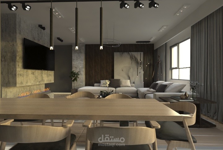 فراغ معيشة مفتوح على مطبخ