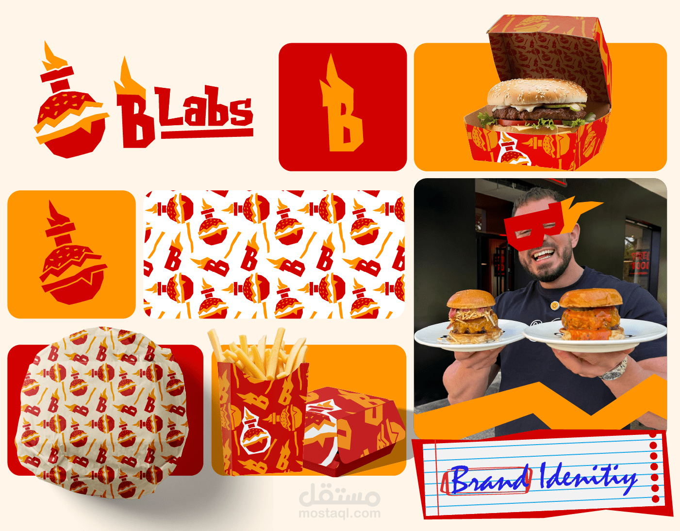 هوية بصرية متكاملة لمطعم B-Labs | دمج روح الـ Street Food بمفهوم المختبرات الحديثة