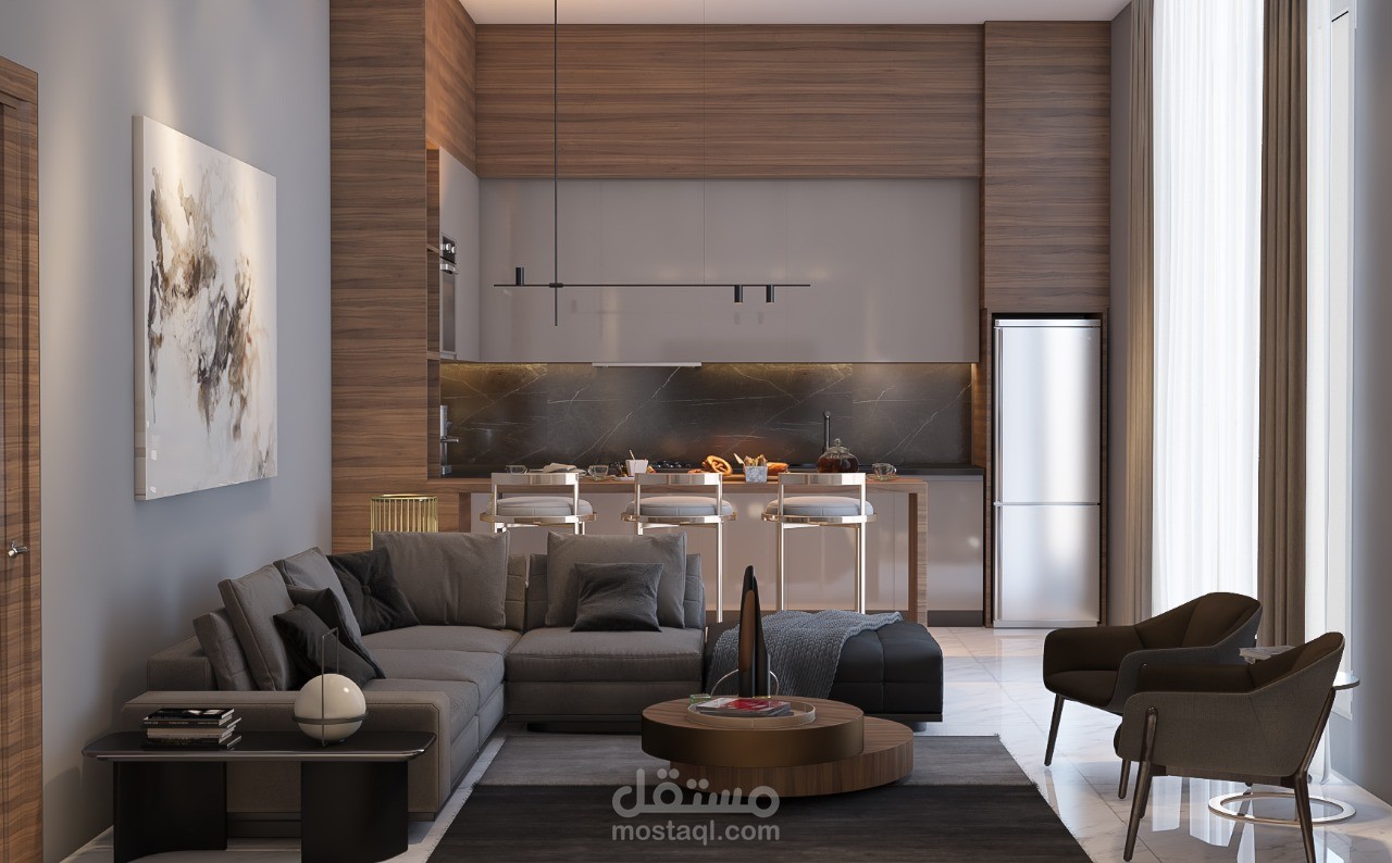 تصميم غرفة معيشة + مطبخ