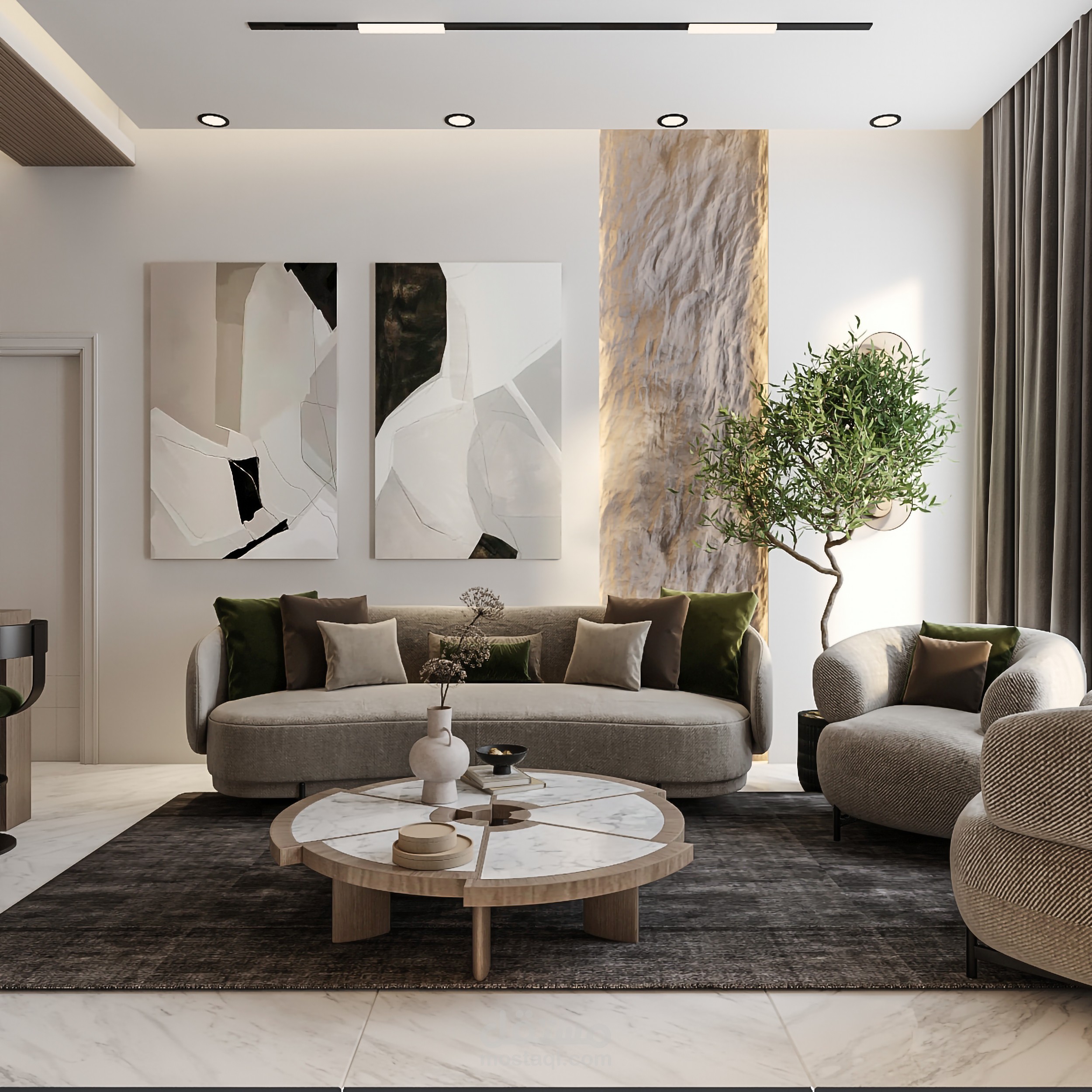 تصميم صالة مع مطبخ بشقة بالسعودية بطراز موديرن