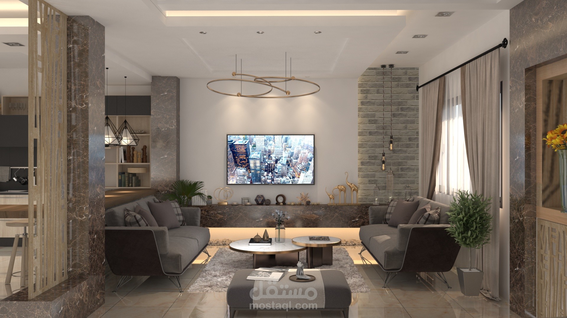 تصميم عصري لغرفة استقبال و مطبخ