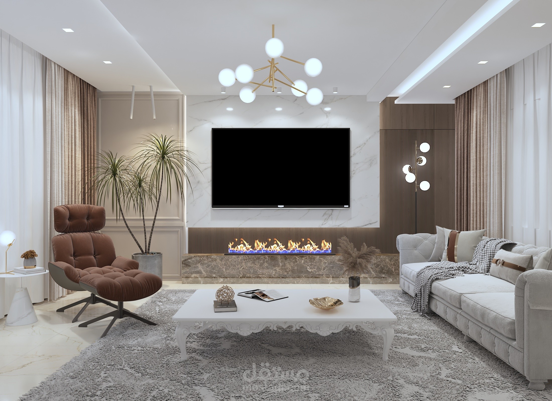 صالون أنيق مع غرفة طعام في فيلا