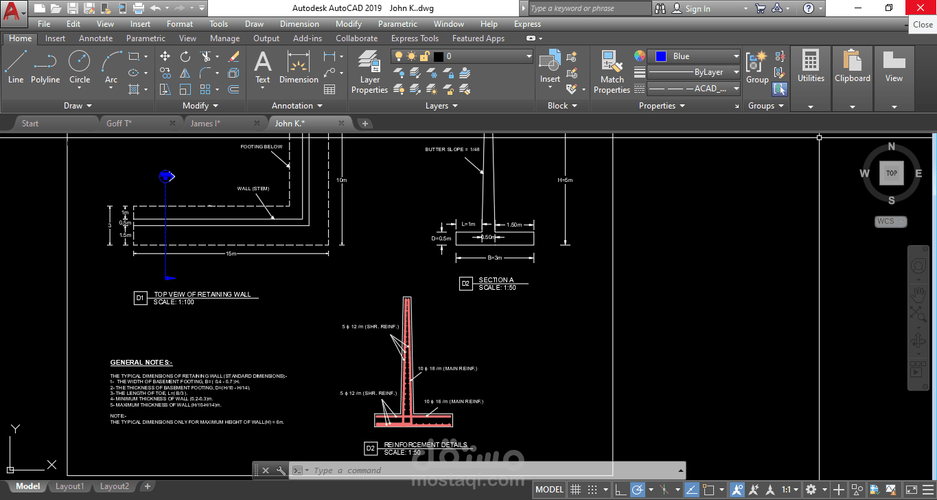 تصميم الجدار الاستنادي (R.W.) مع ارتفاع = 5M
