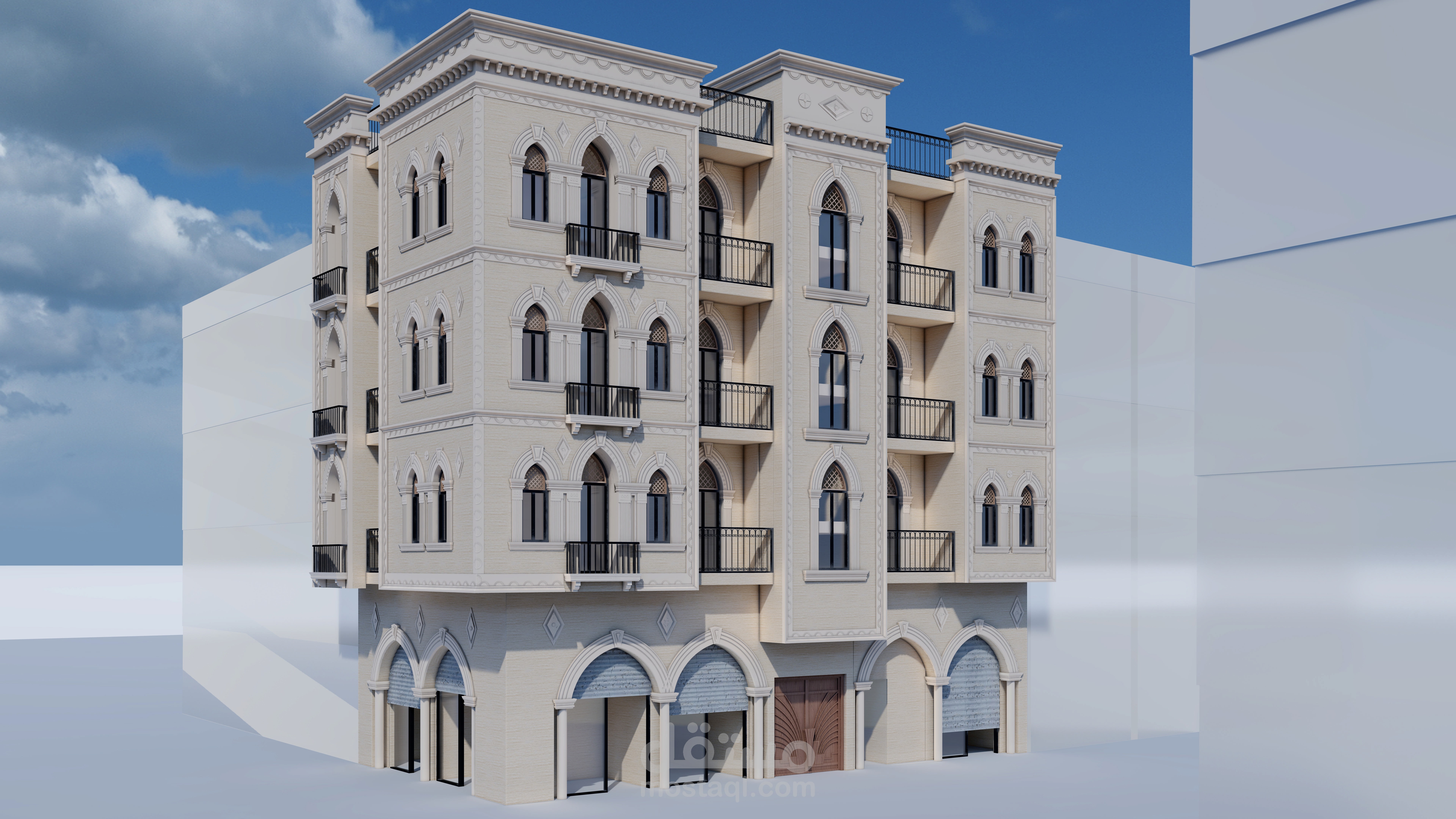 تصميم الواجهات و الإظهار معماري لمقترح مبنى تجاري في منطقة الصالحية  بطابع تقليدي (عثماني)