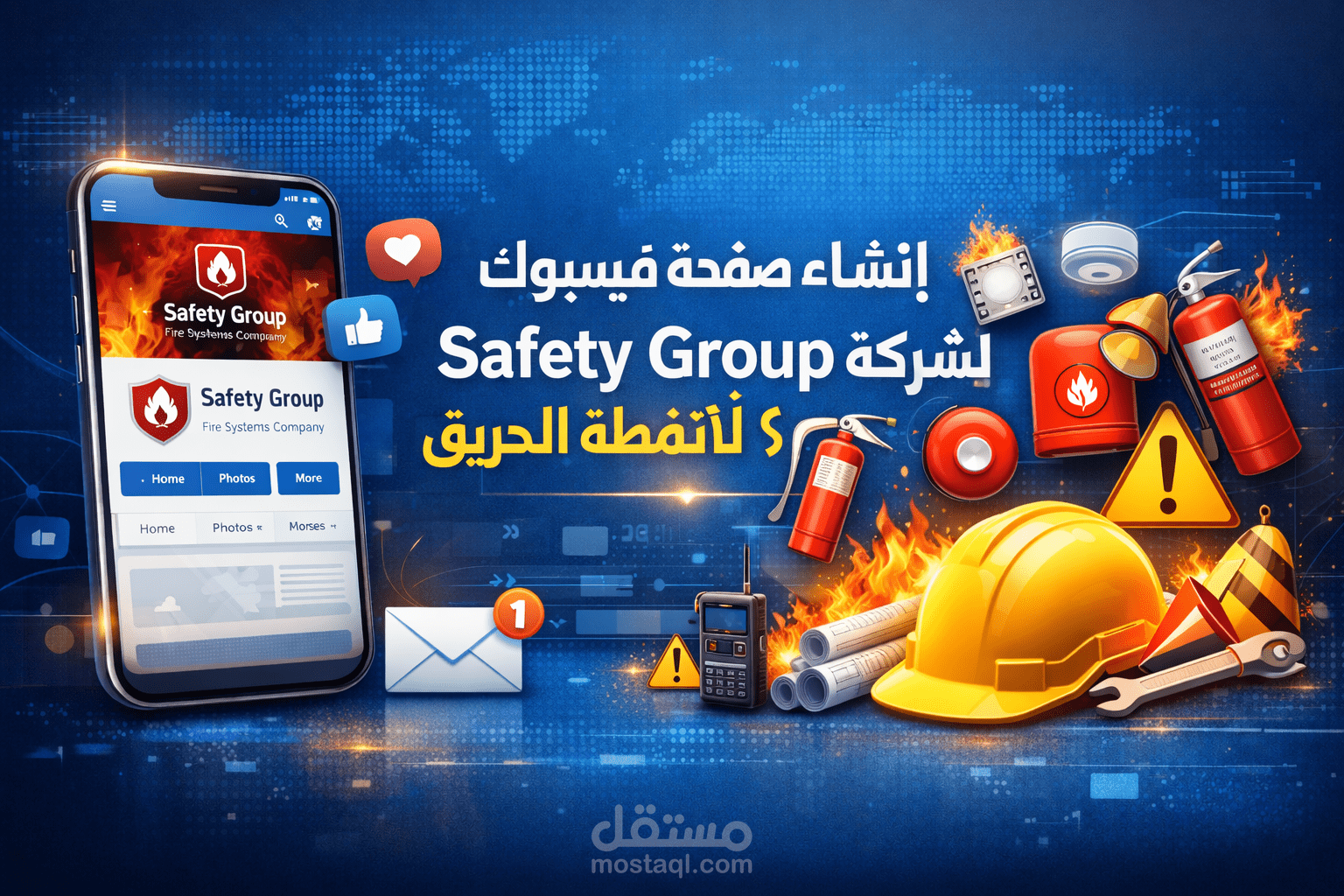 إنشاء صفحة فيسبوك احترافية لشركة Safety Group لأنظمة الحريق