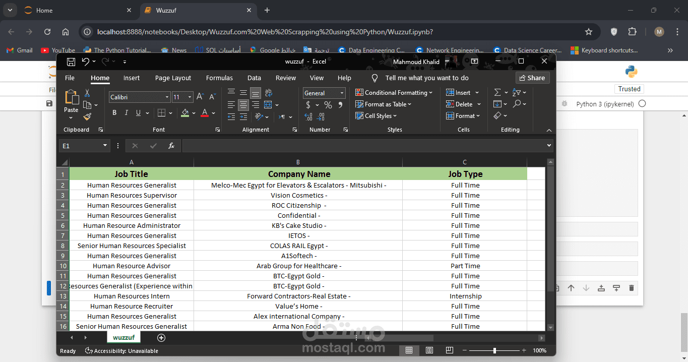 Wuzzuf.com - Web Scraping into Excel (.csv)