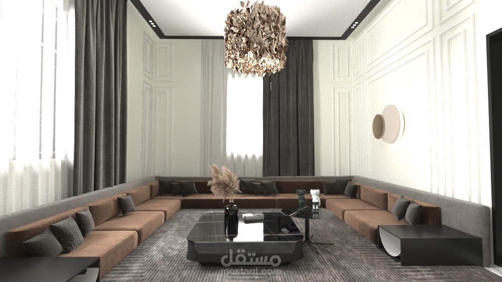 تصميم داخلي لمجلس رجال أرضي مع مطبخ