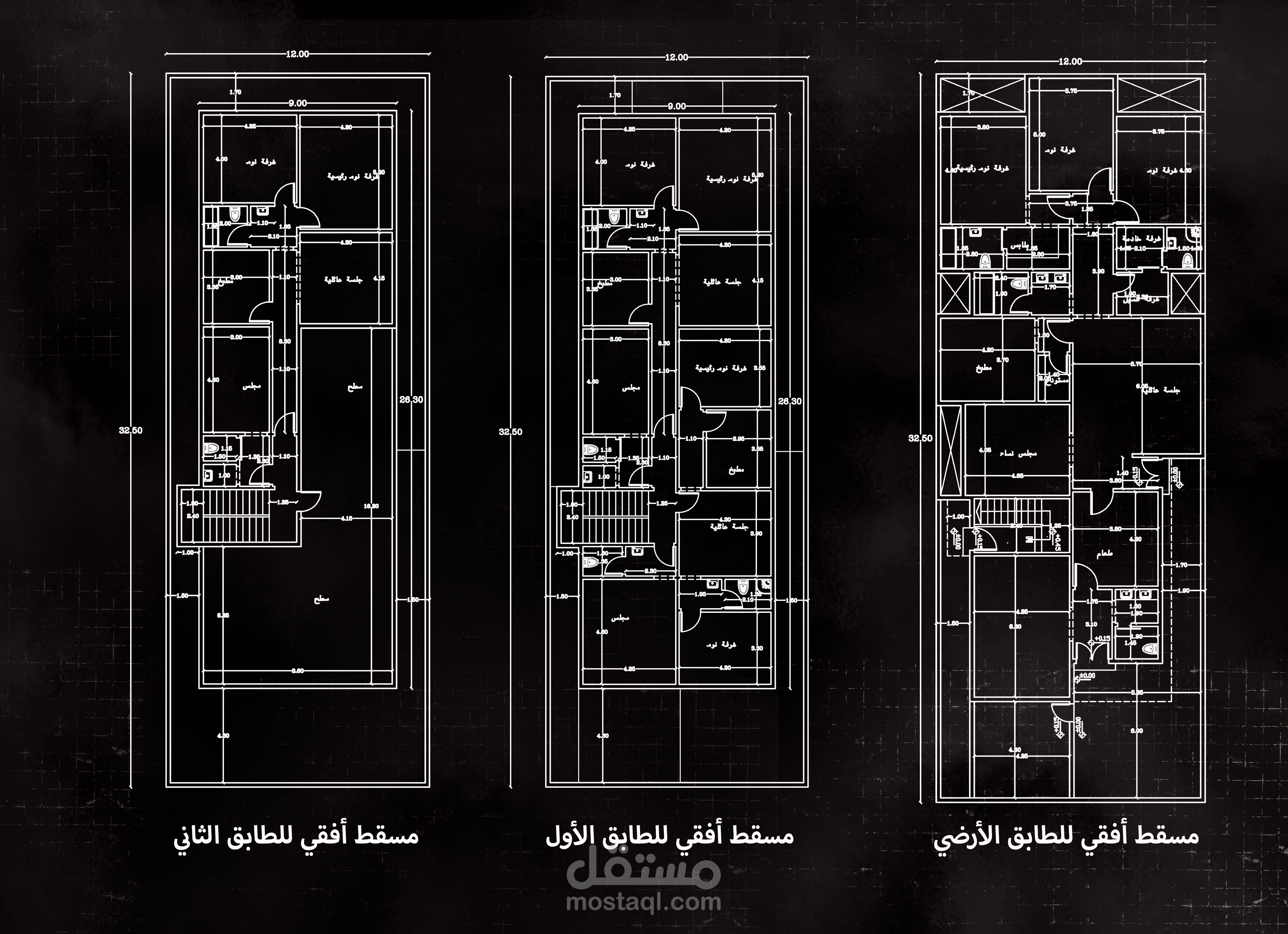 مخططات معمارية لفيلا بالطابق الأرضي وشقق للمستأجرين بالطابق الأول والثاني