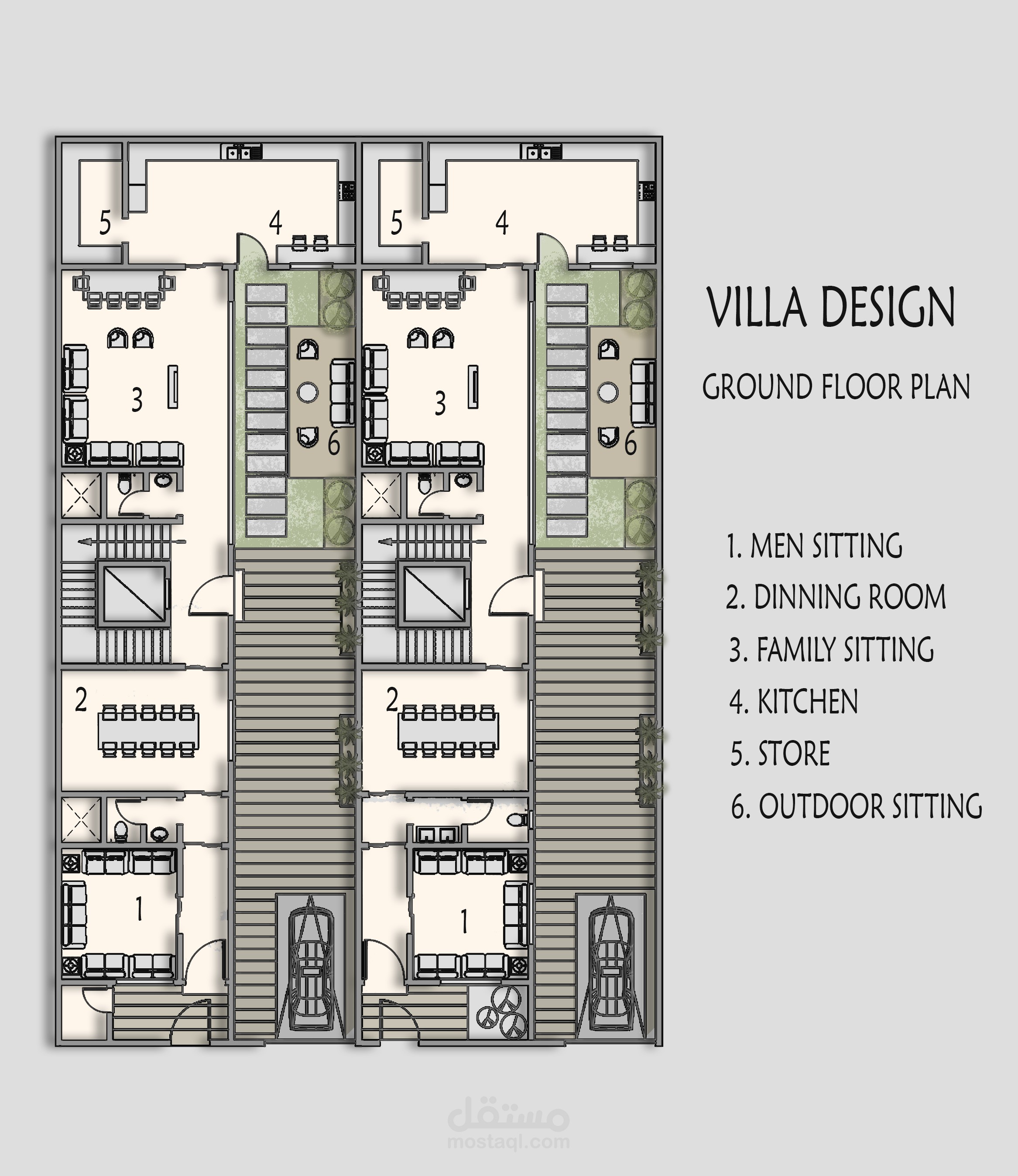 تصميم وإظهار مخطط طابق أرضي لفيلا بوادي حنيفة