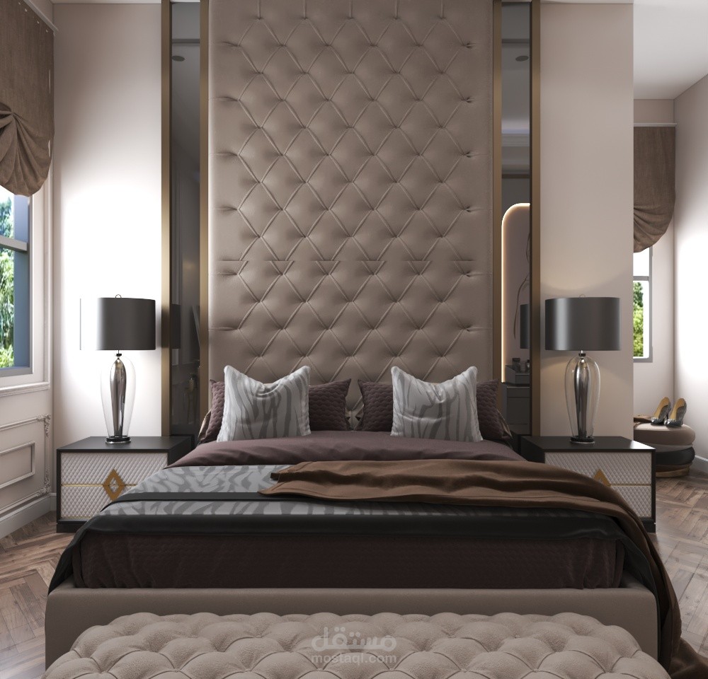 غرفة نوم نيو كلاسيك مع حمام و غرفة ملابس