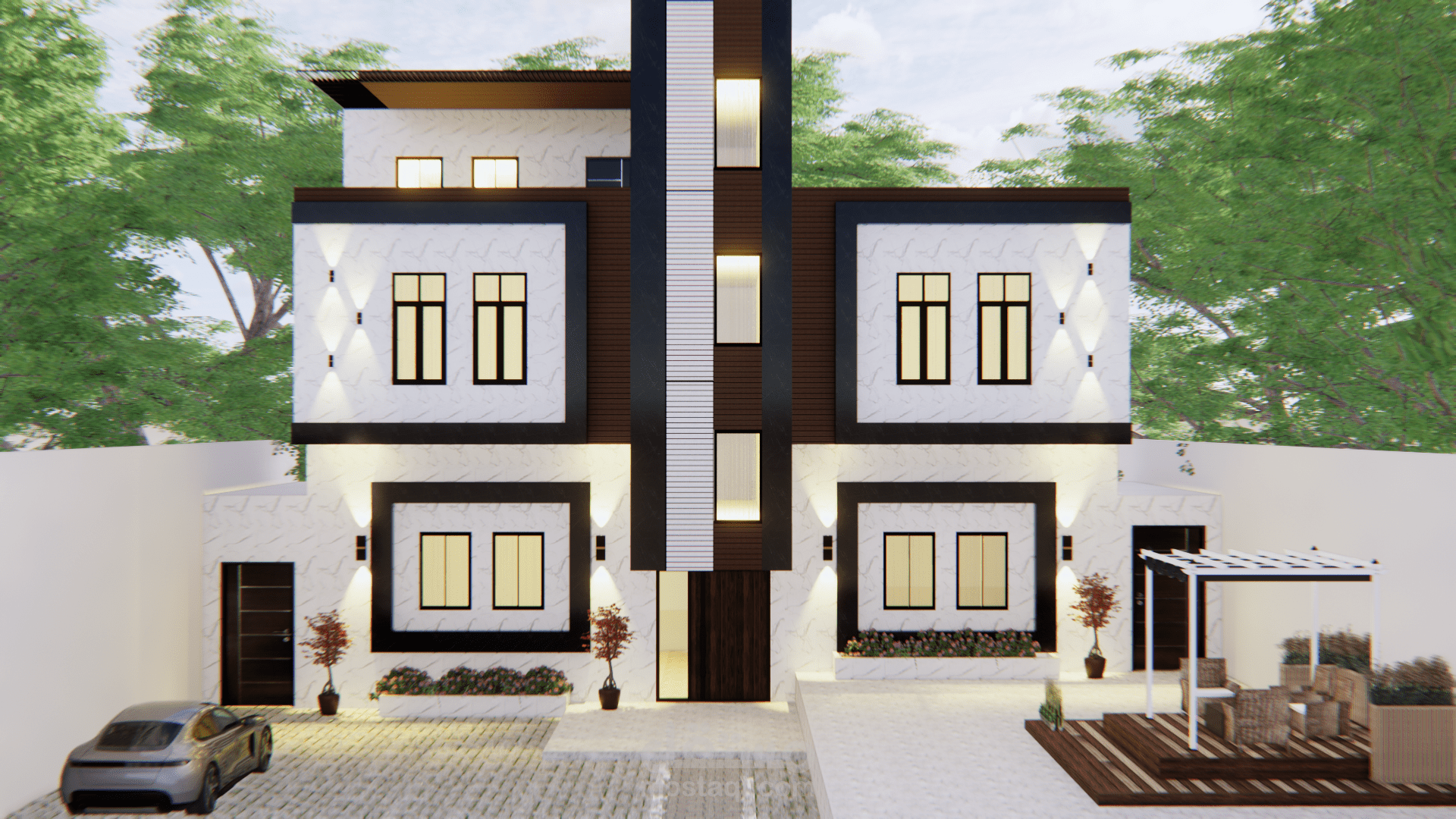 تصميم خارجي لواجهة منزل مع حديقة