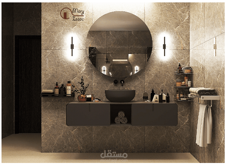 تصميم جزء من حمام باضاءة نهارية واخرى ليلية
