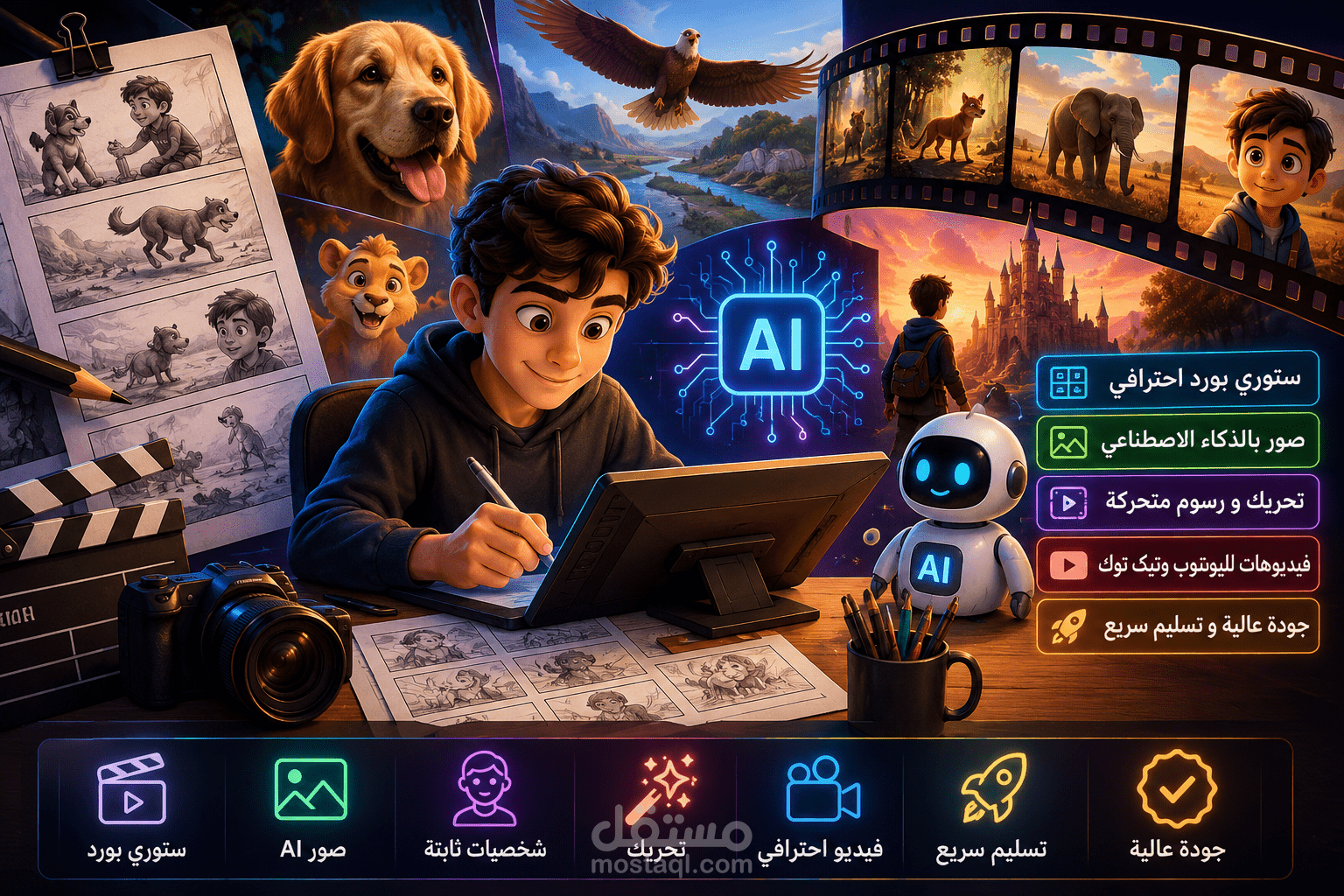 تصميم فيديوهات بالذكاء الاصطناعي وStoryboard احترافي وإنشاء صور ورسوم متحركة AI بصوت