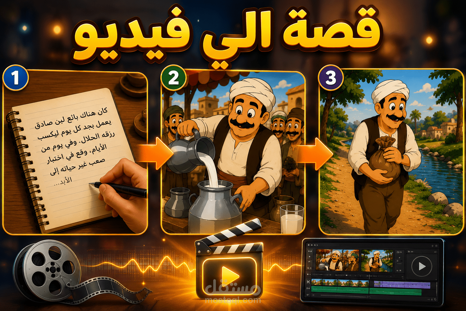 تحويل قصة مكتوبة إلى فيديو كرتوني احترافي مع رسوم متحركة وتعليق صوتي ومونتاج كامل