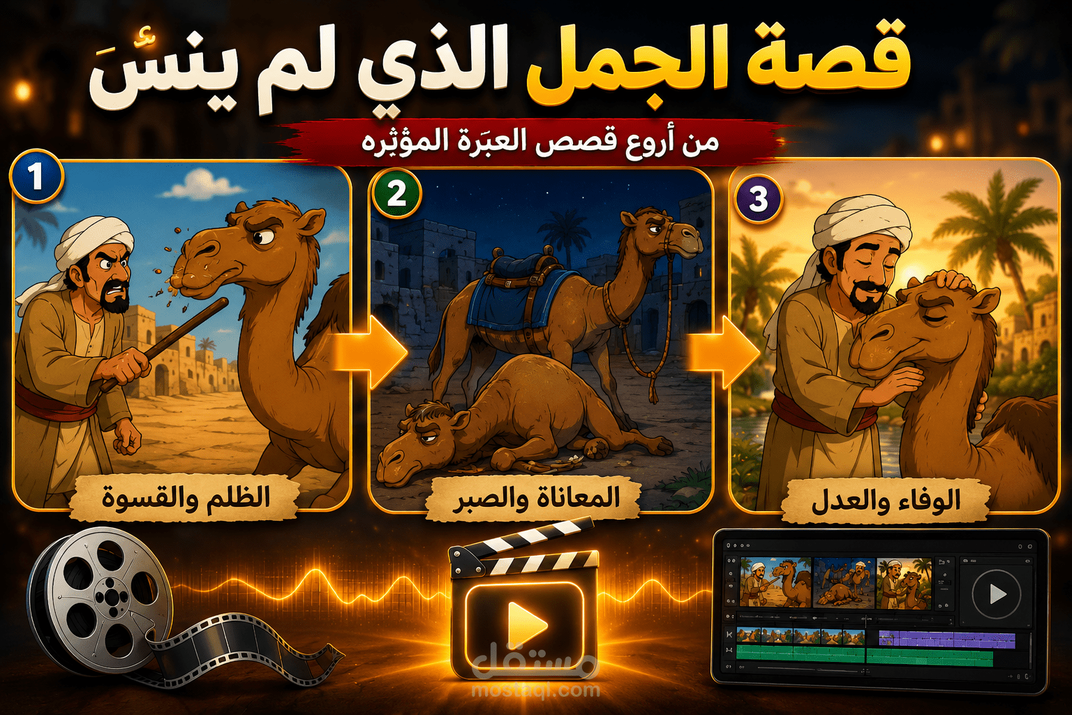 تحويل قصة الجمل الذي لم ينسَ إلى فيديو كرتوني مؤثر يجسد قيم العبرة والوفاء