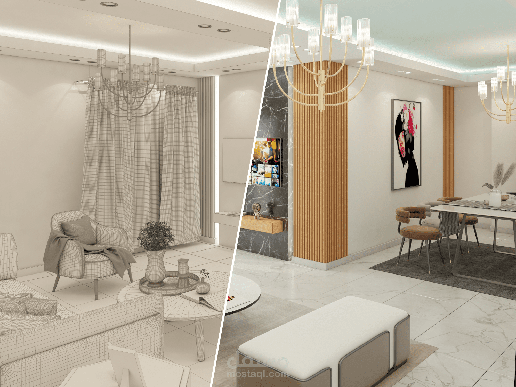 تصميم غرفة معيشة مع غرفة طعام