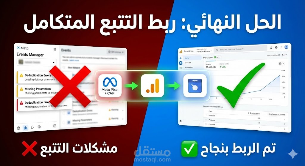 حل مشكلات تتبع البيانات وربط Meta Pixel + CAPI + GA4 + Merchant Center لمتجر إلكتروني