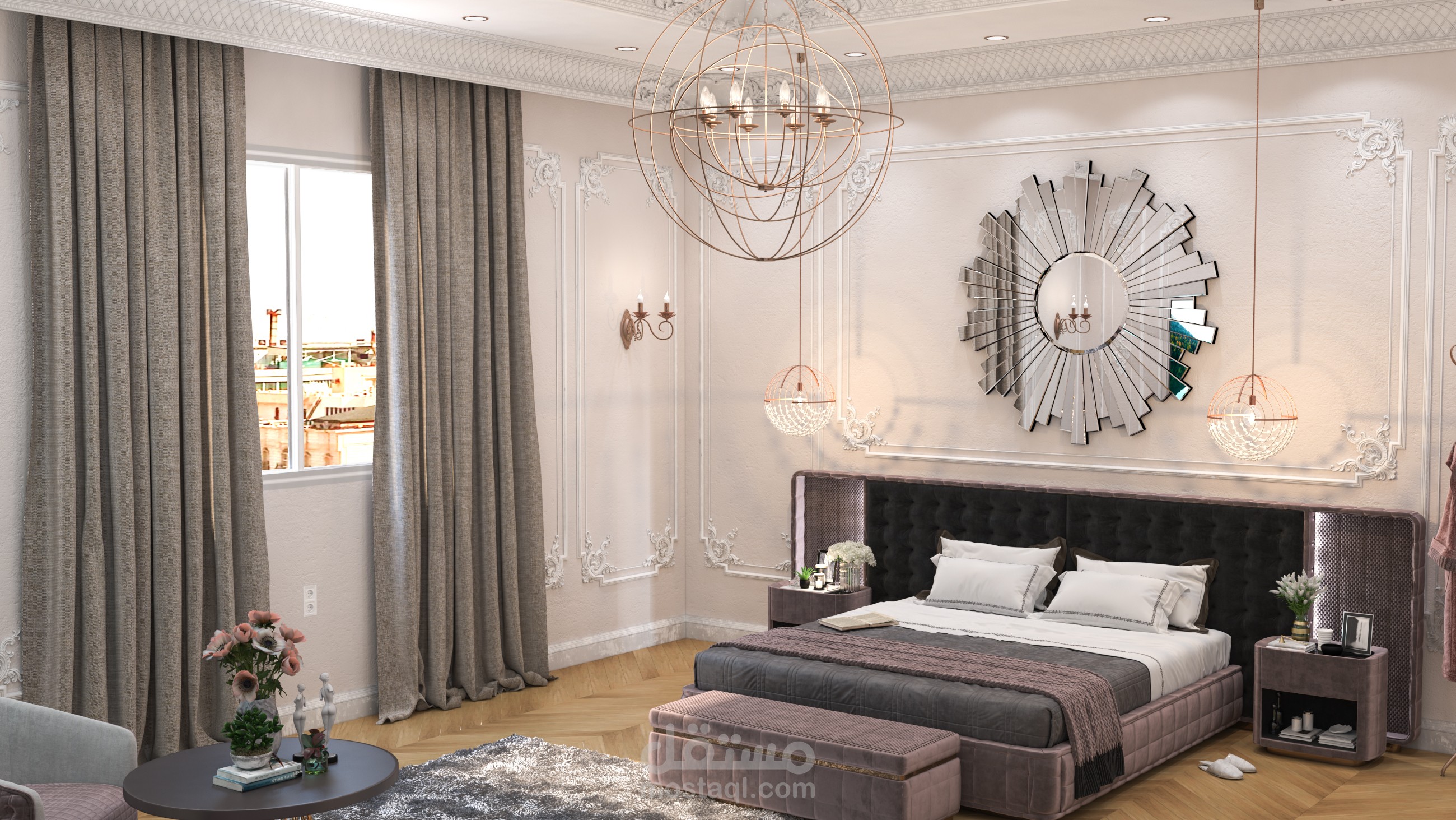 تصميم داخلي لغرفة نوم رئيسية بالسعودية