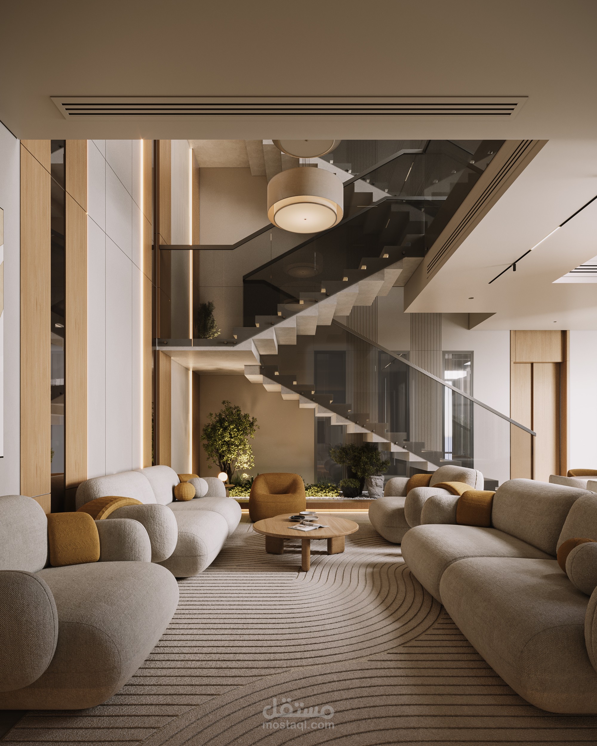 تصميم داخلي لفيلا مع درج وصالة مفتوحة بأسلوب عصري فاخر - مسقط - سلطنة عمان