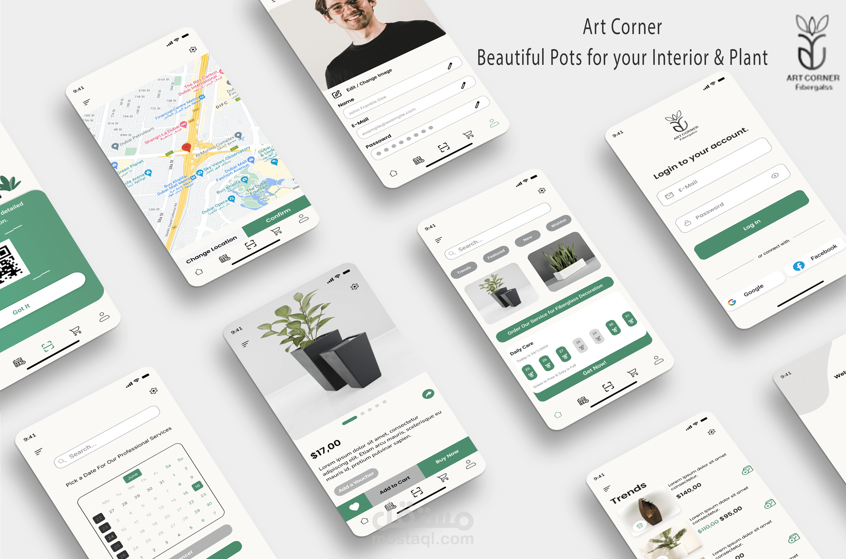 تصميم واجاهات تطبيق متجر Art Corner لمنتجات الفايبر غلاس