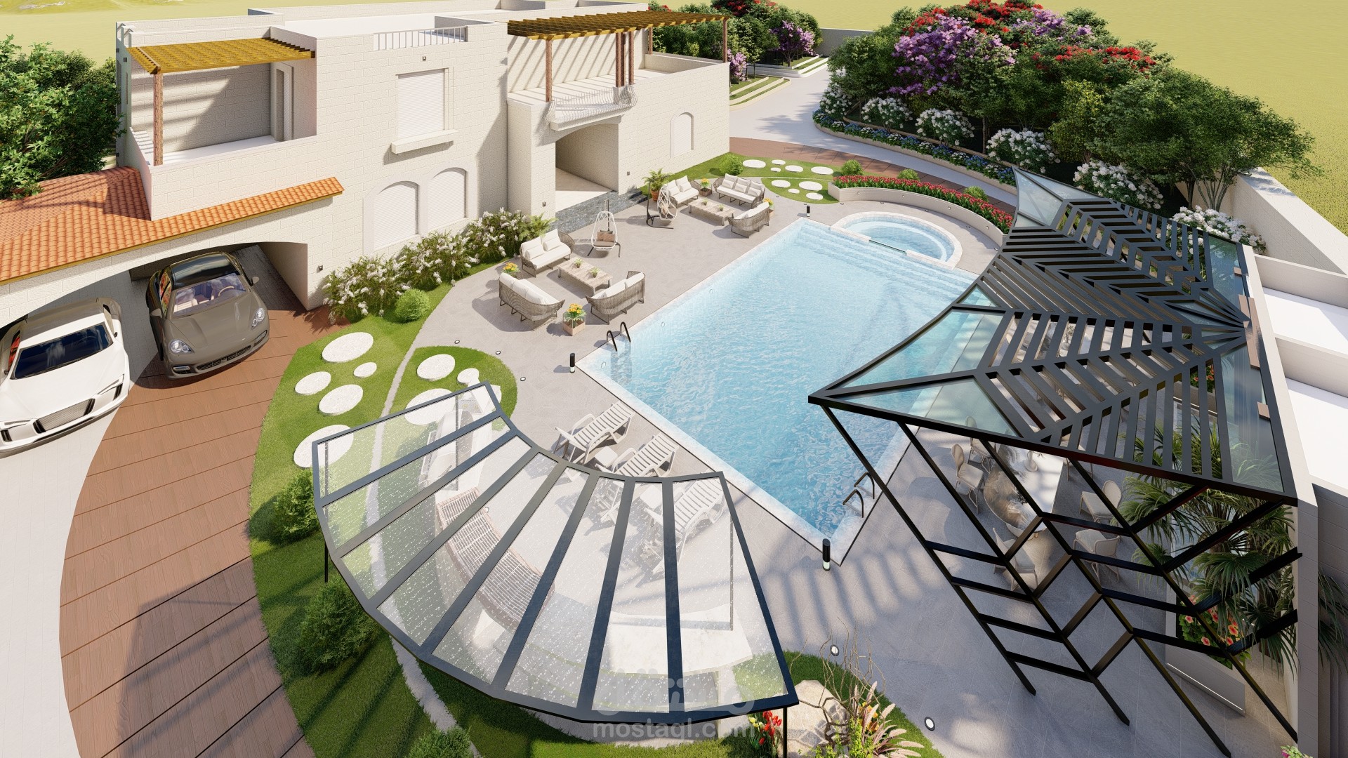 تصميم لاندسكيب حديقة أمامية لفيلا في مزرعة