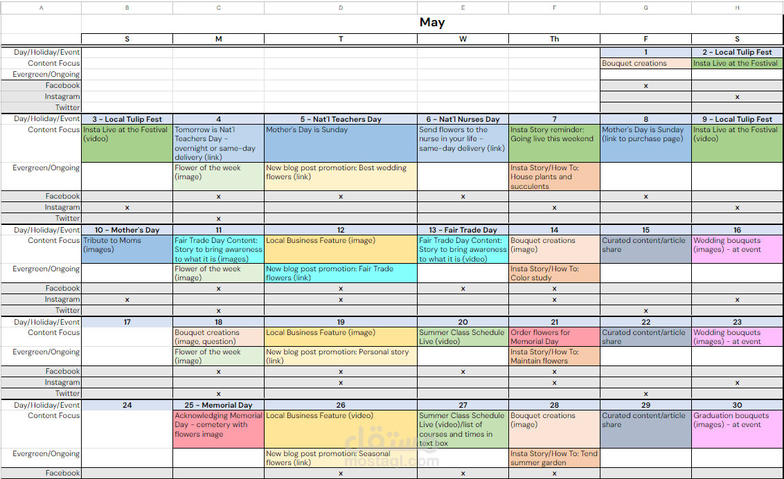 content calender for flower store