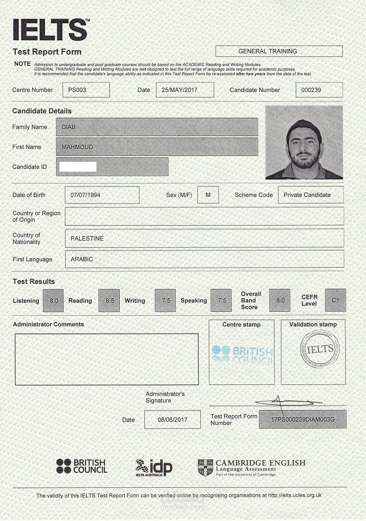 IELTS General Training Test Score band 8